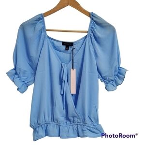 NWT Tamara H. Baby Blue Front Tie Ruffled Top